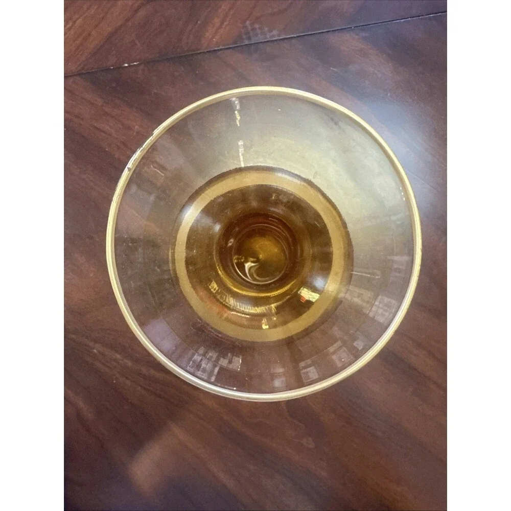 Mid century Glass Amber Vase w/ Gold band and trim 7